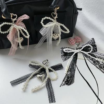 1Pc Sweet Lace Bow Beaded Keychain Phone Charm Pendant Bag Hanging Pendant Fashion Bags Keychain Accessories For Women Girls
