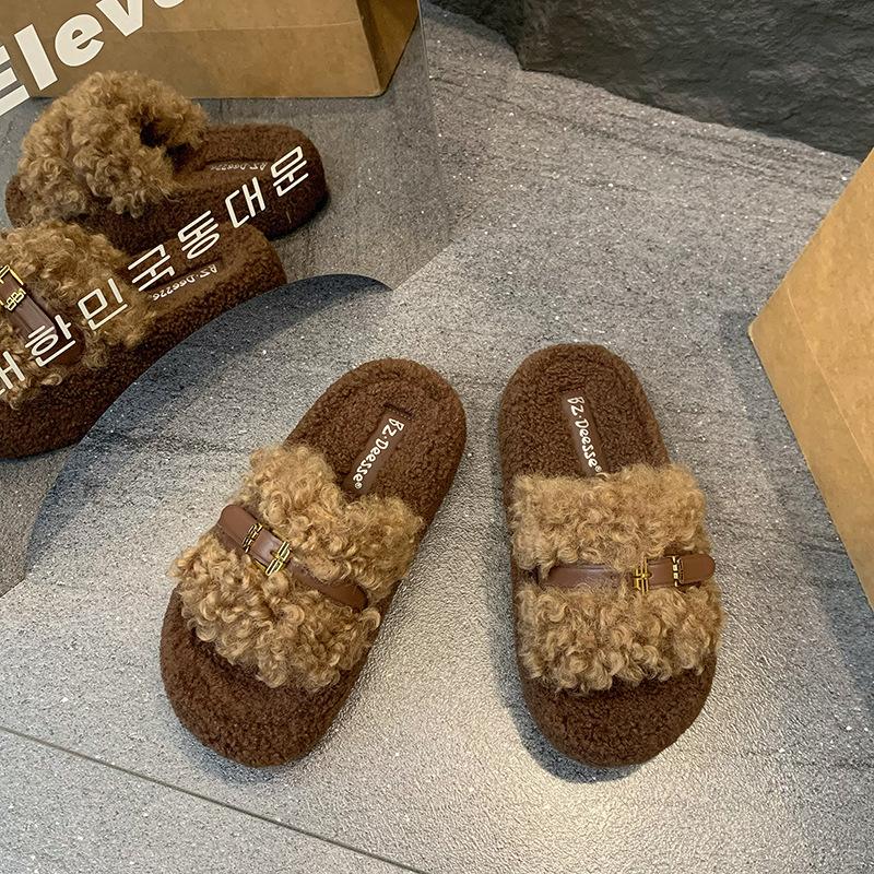 

Ретро тапочки на толстой подошве, женская уличная обувь, осень-зима 2025, корейская версия, удобные вьющиеся тапочки, хлопковые тапочки-шлепанцы женские 40 хаки