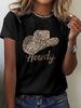 Howdy Leopard Print Cowboy Hat Print T-shirt, Short Sleeve Crew Neck Casual Top for Summer & Spring, Women's Clothing