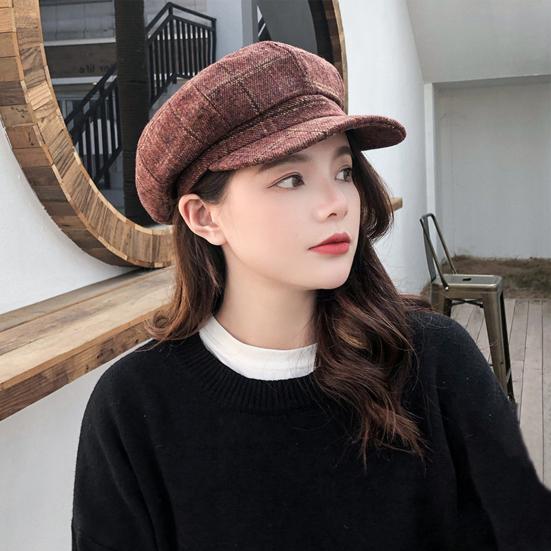 Vintage Men Women Autumn Winter Plaid Warm Beret Hat Wide Brim Octagonal Cap