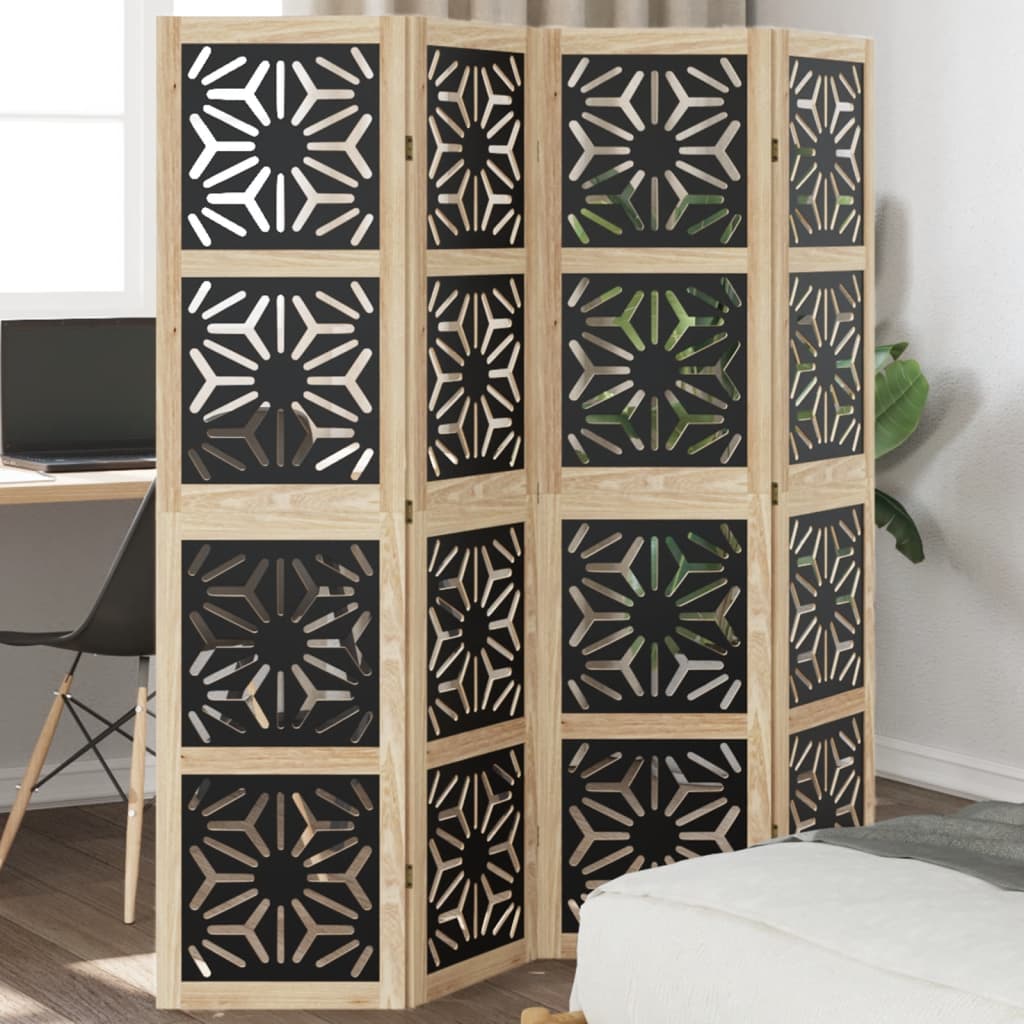 4 Piece Room Divider In Brown and Black Solid Paulownia Wood