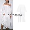 Fall New Women's Clothing French Straight-leg Collar Long Sleeves off-the-Shoulder A- Line Linen Blend Dress 8191267