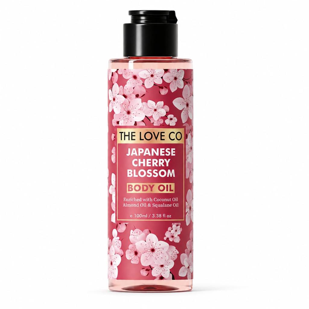 THE LOVE CO. Body Oil for Women, Japanese Cherry Blossom Moisturizing Body Oil for Dry Skin, Non-Greasy Fast Absorbing Oil with Coconut, Almond & S