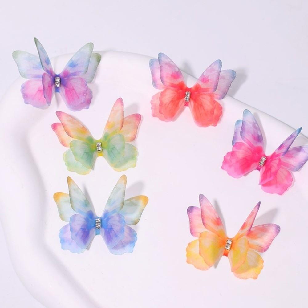 50Pcs 3D Organza Fabric Butterfly Appliques Rhinestone Gradient Color Chiffon Butterfly Embroidered Patches Double-layer
