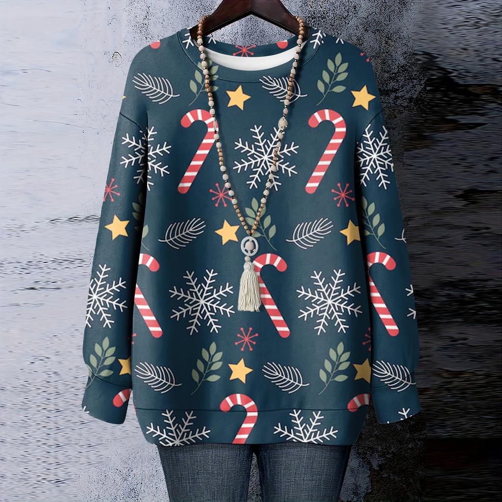 Ladies' Christmas Printed Round Neck Long Sleeved T-shirt Sweatshirt Top