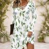 Women Criss Cross V Neck Long Sleeve Floral Printed Dress White Green Curved Hem