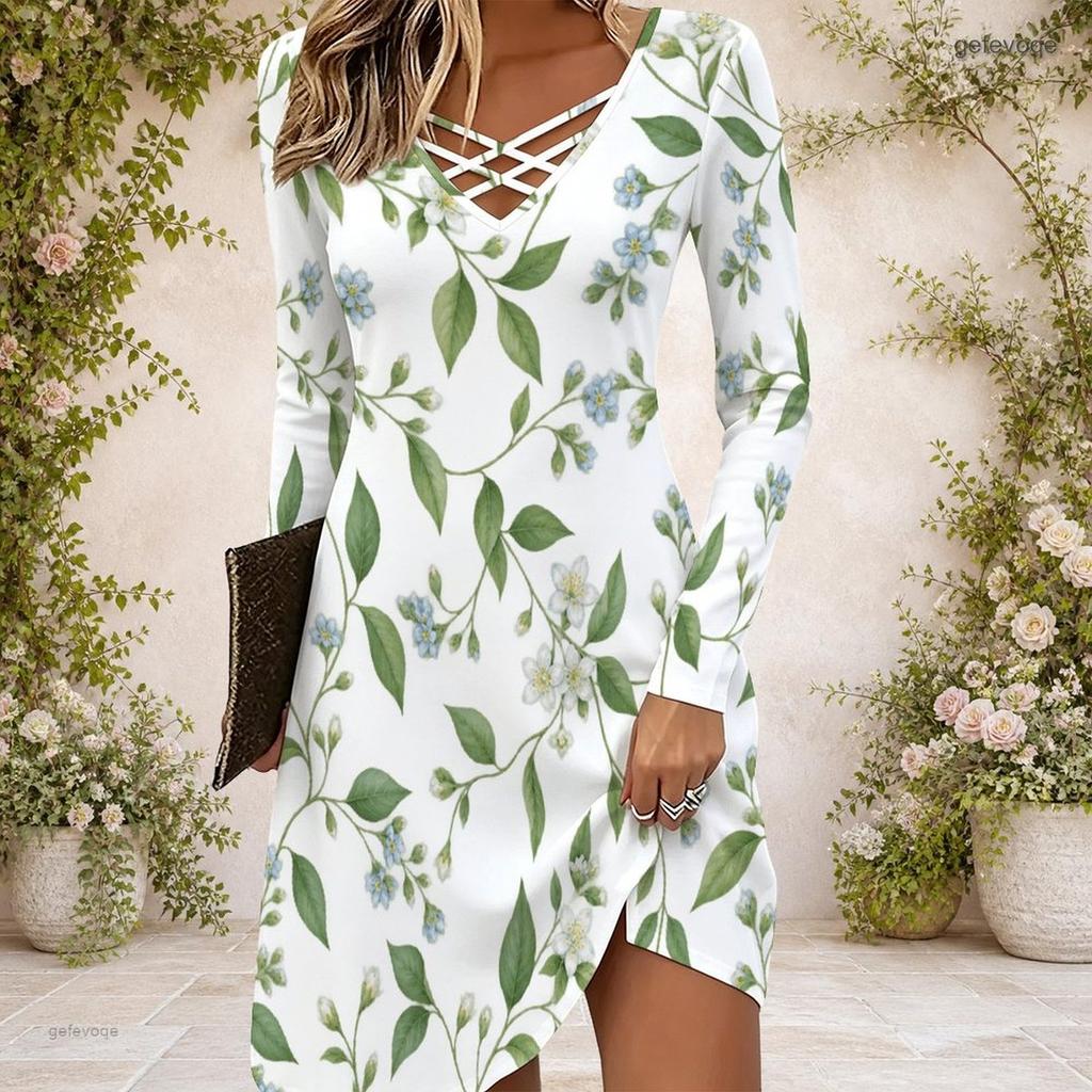 Women Criss Cross V Neck Long Sleeve Floral Printed Dress White Green Curved Hem