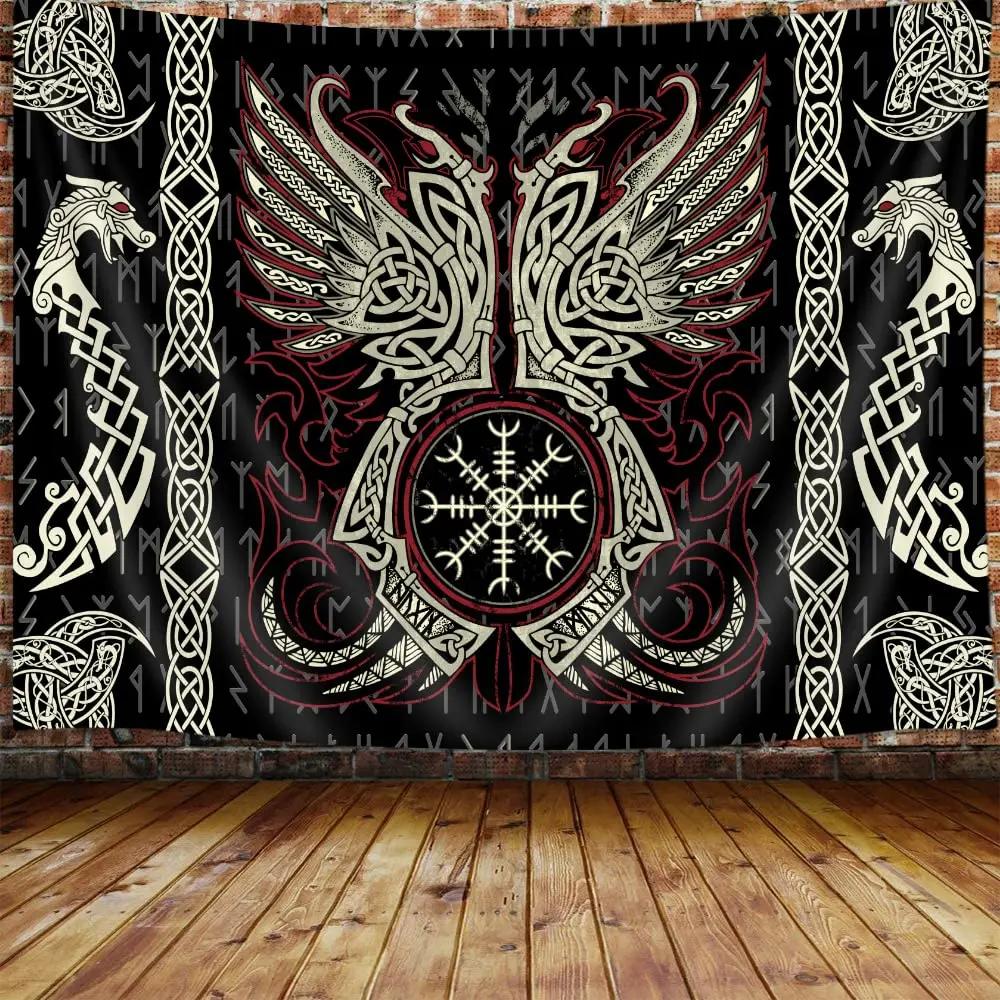 Norse Mythology Vikings Tapestry Mysterious Ancient Runes Totem Tapestries Wall Hanging Art for Living Room Bedroom Home Decor 100X70CM