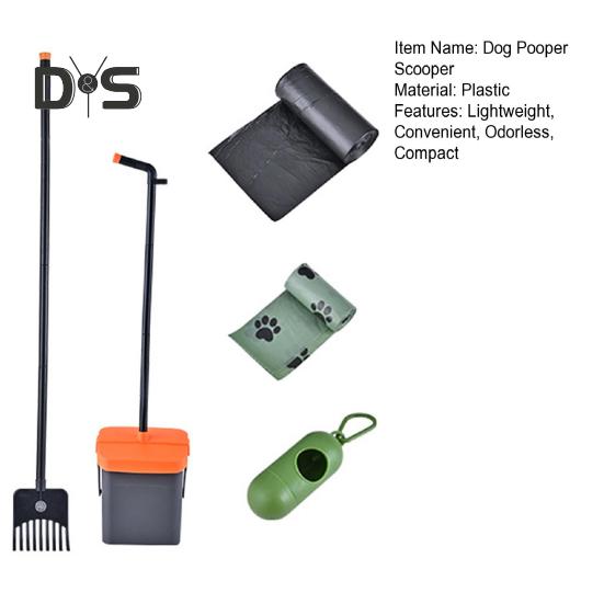 Łyżka do zbierania psich odchodów z długim uchwytem, obrotowym pojemnikiem i grabiami, zestaw z 35 workami na odchody do kojca dla psa na trawniku