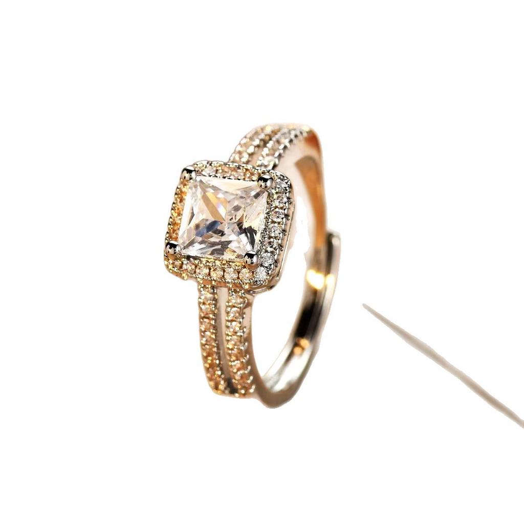 European and American High-End Luxury Square Diamond Ring – Women's Personalized Open Design, Super Shiny