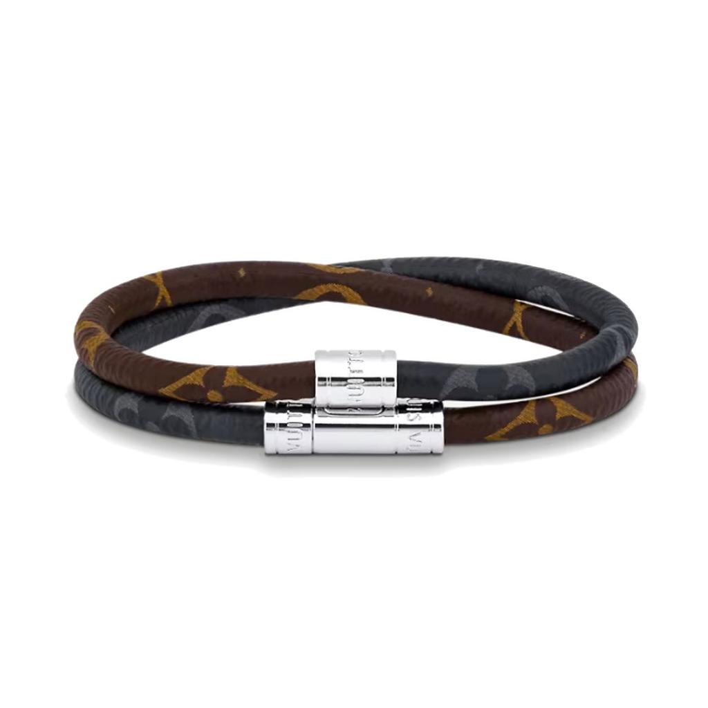 Louis Vuitton Doppelring Dekoratives Lederarmband Unisex Armband Grau Braun M8154D