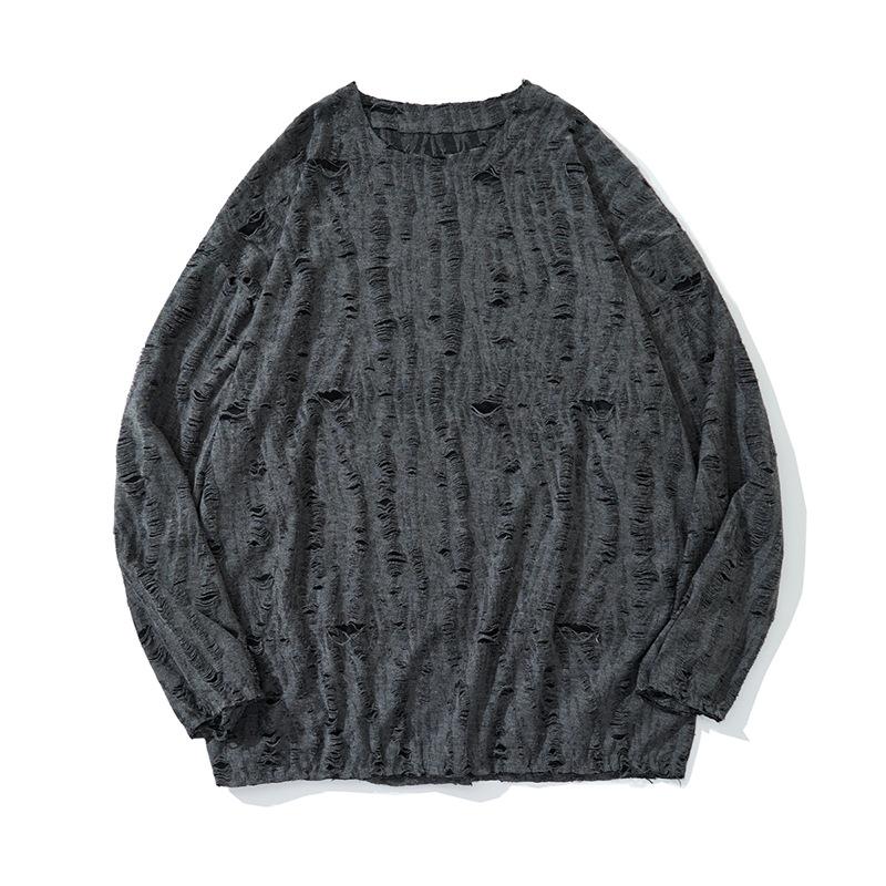 

Осенняя рваная футболка с длинным рукавом, свободная подростковая футболка, модная базовая футболка, свободный топ 3XL темно-серого