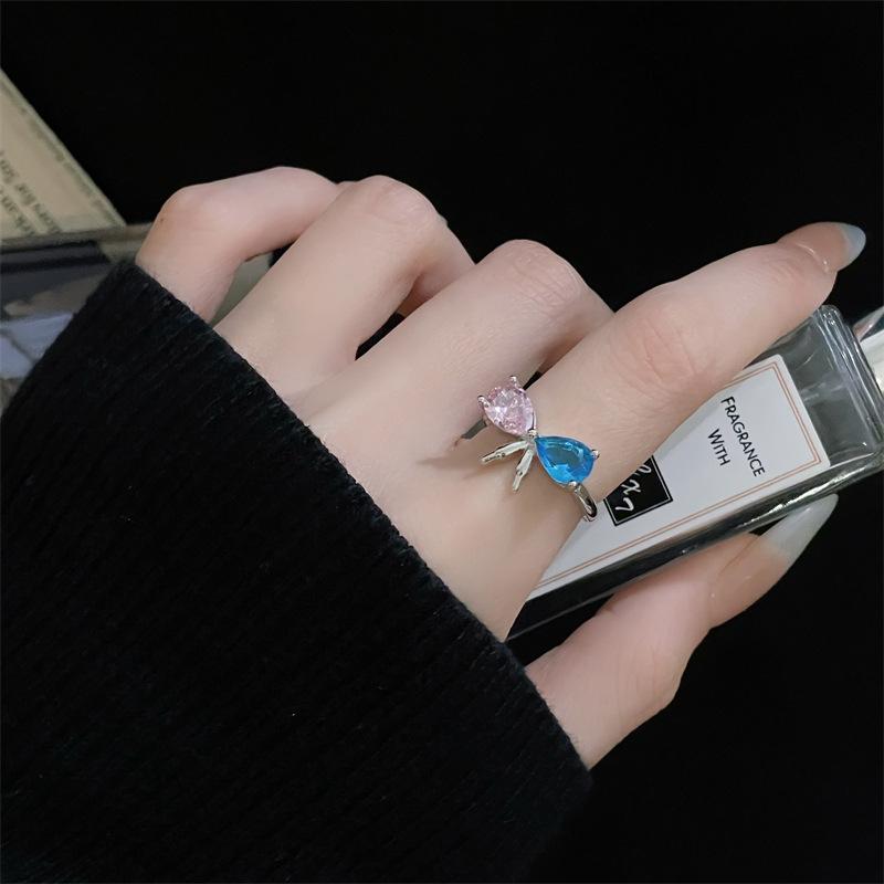 Bow Pink Zircon Series Open Ring Niche Love Cold Wind Advanced Sense Personality Ring Woman