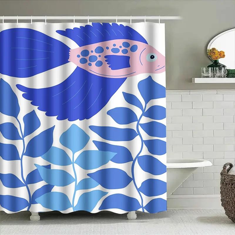Blue White Fish Design Shower Curtain Decor Waterproof Fabric Bath Room Shower Drapes Set For Home Decoration 180X274Cm\N(Us $35