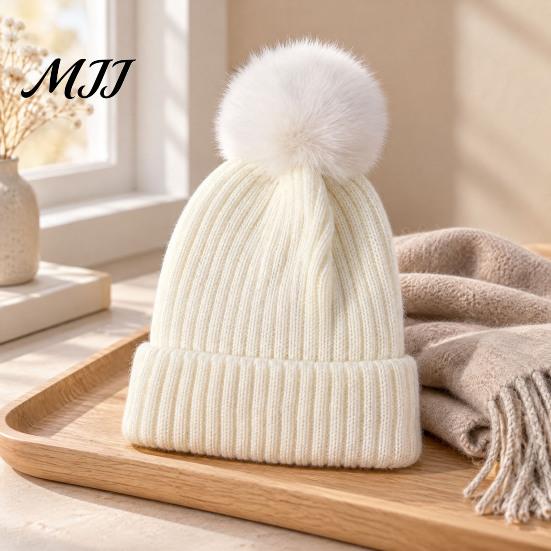 Warm Knitted Hats Winter Hat with Fluffy Fur Ball, Thick Cuffed Cap, Elastic Soft Outdoor Travel Headgear Stretchy Fabric Solid Color for And