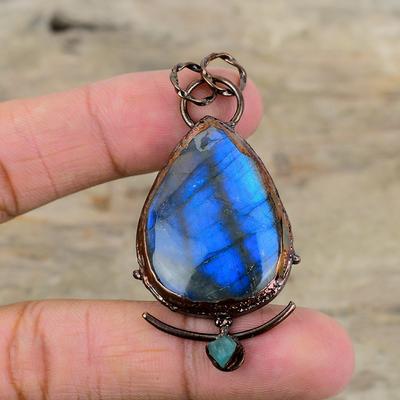 Labradorite Pendant Electroformed Copper Pendant Aquamarine Rough Pendant Handmade Copper Jewelry Anniversary Gift Original Gemstone Pendant