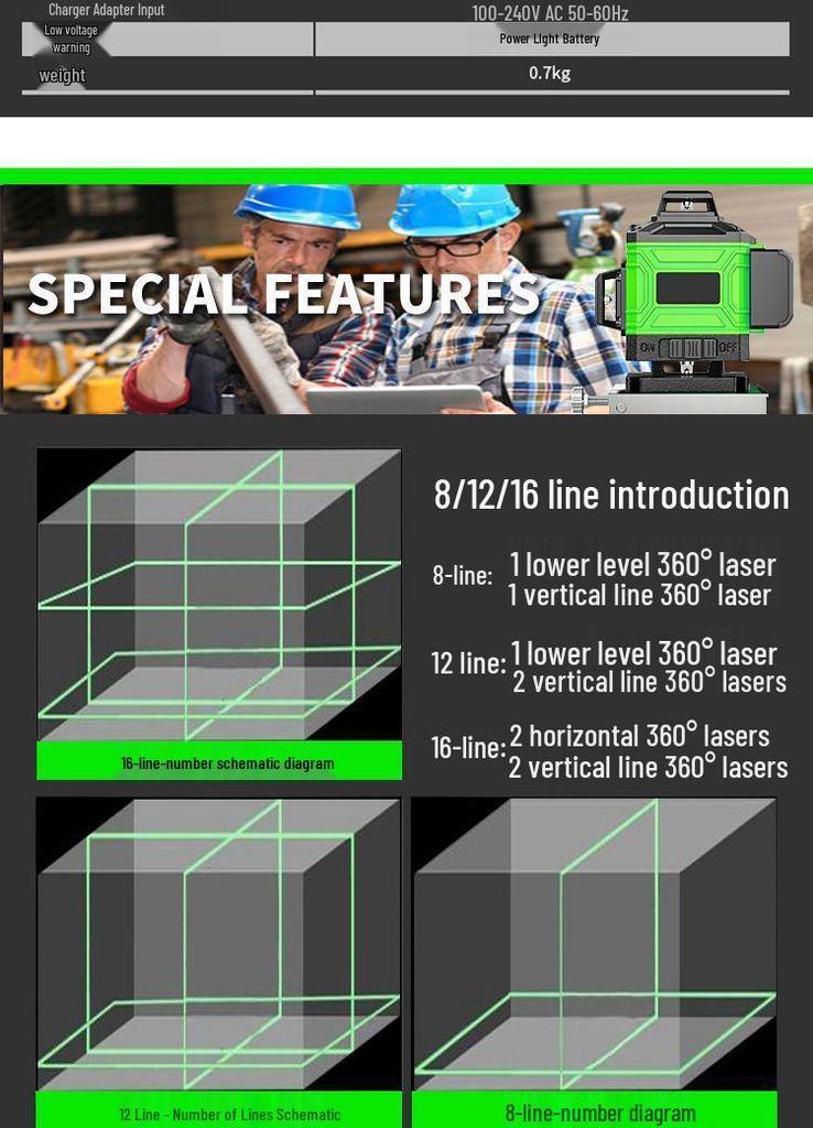 Precision 16-Line Green & Blue Laser Level with Infrared Projection