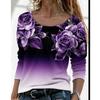 Women's Floral Print Gradient Long Sleeve Top Casual Crew Neck 3D Rose Print Tunic Shirt