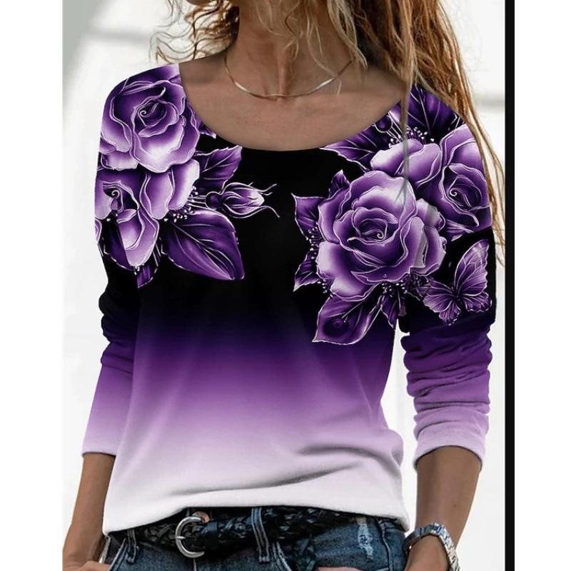 Women's Floral Print Gradient Long Sleeve Top Casual Crew Neck 3D Rose Print Tunic Shirt