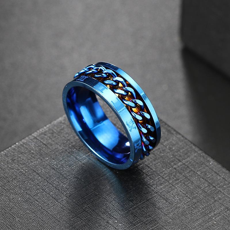 Anxiety Fidget Ring For Men Punk Titanium Stainless Steel Black Blue Spinning Spinner Rotatable Chain Rotating Rings Homme Gift