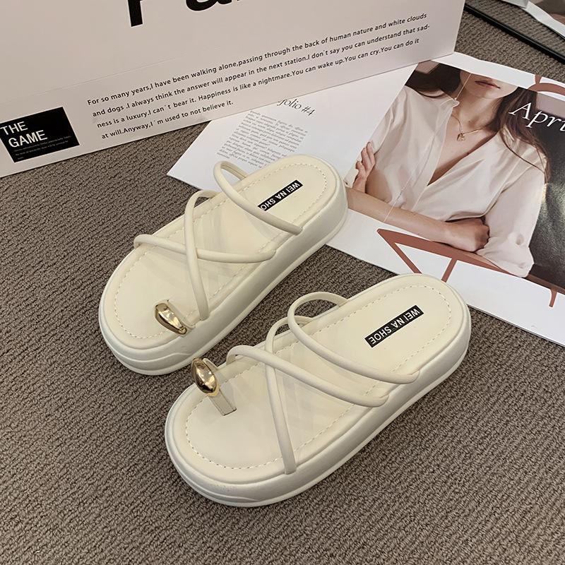 

Slippers women s wear non-slip toe sandals summer new fashion versatile heightening soft bottom one-word 40 бежевый
