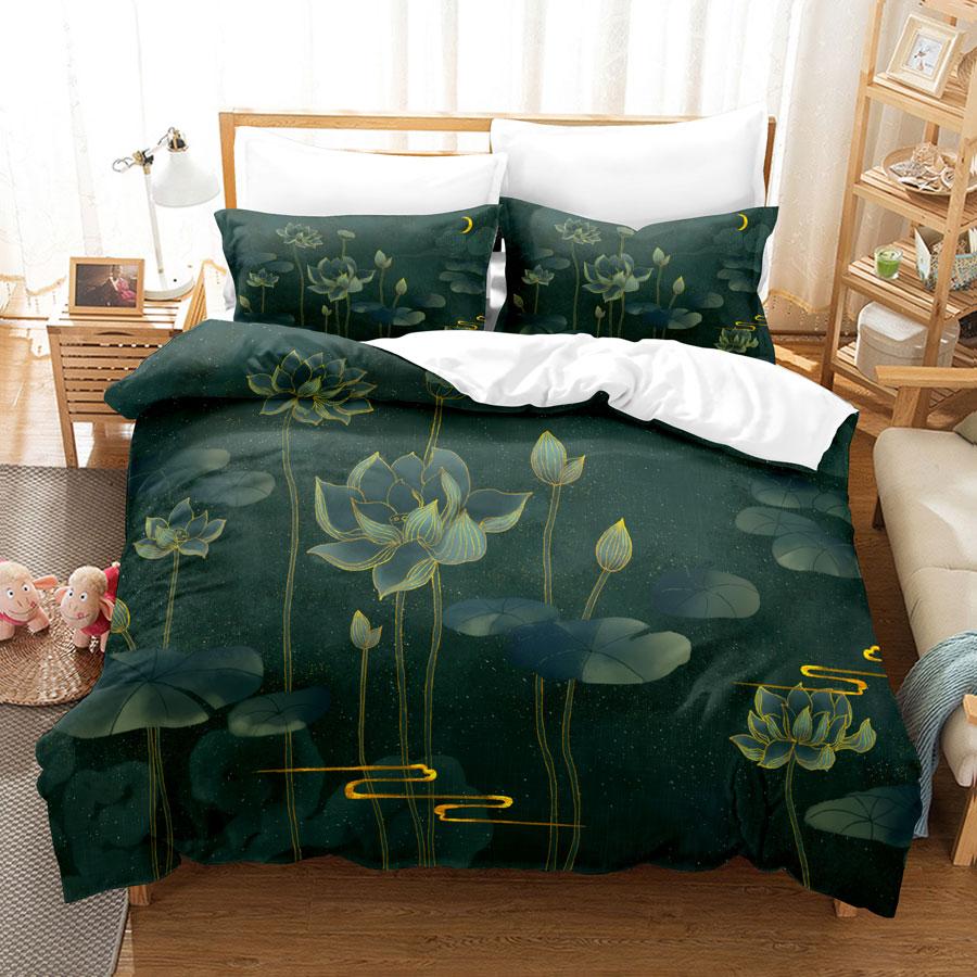 Green Flower Duvet Cover Set Double Bed With Pillowcase Lotus Bedding Set King Size 3pcs 2pcs Single Twin Full 200x200 220x240cm