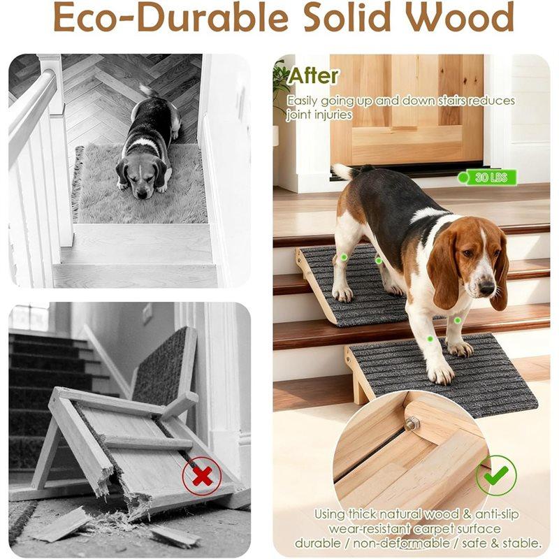 T02C!Foldable Dog Ramp For Stairs - Lightweight-Safe Wooden Pet Steps With Low-Angled Design & Anti-Slip Carpet-Surface