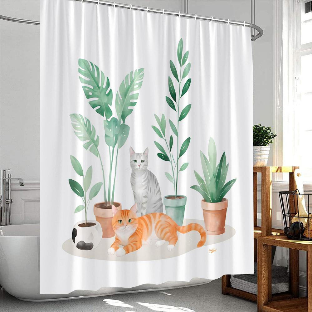 Plant Shower Curtain Cats Green Potted Plants Leaves Cat on the Toilet Modern Bathroom Decor Polyester Fabric Bathtub Curtain