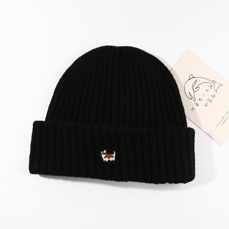 Autumn and Winter Hat Women Cartoon Puppy Embroidered Knitted Hat Student Warm Ear Protection Wool Hat Outdoor Jacket Cold Hat Man