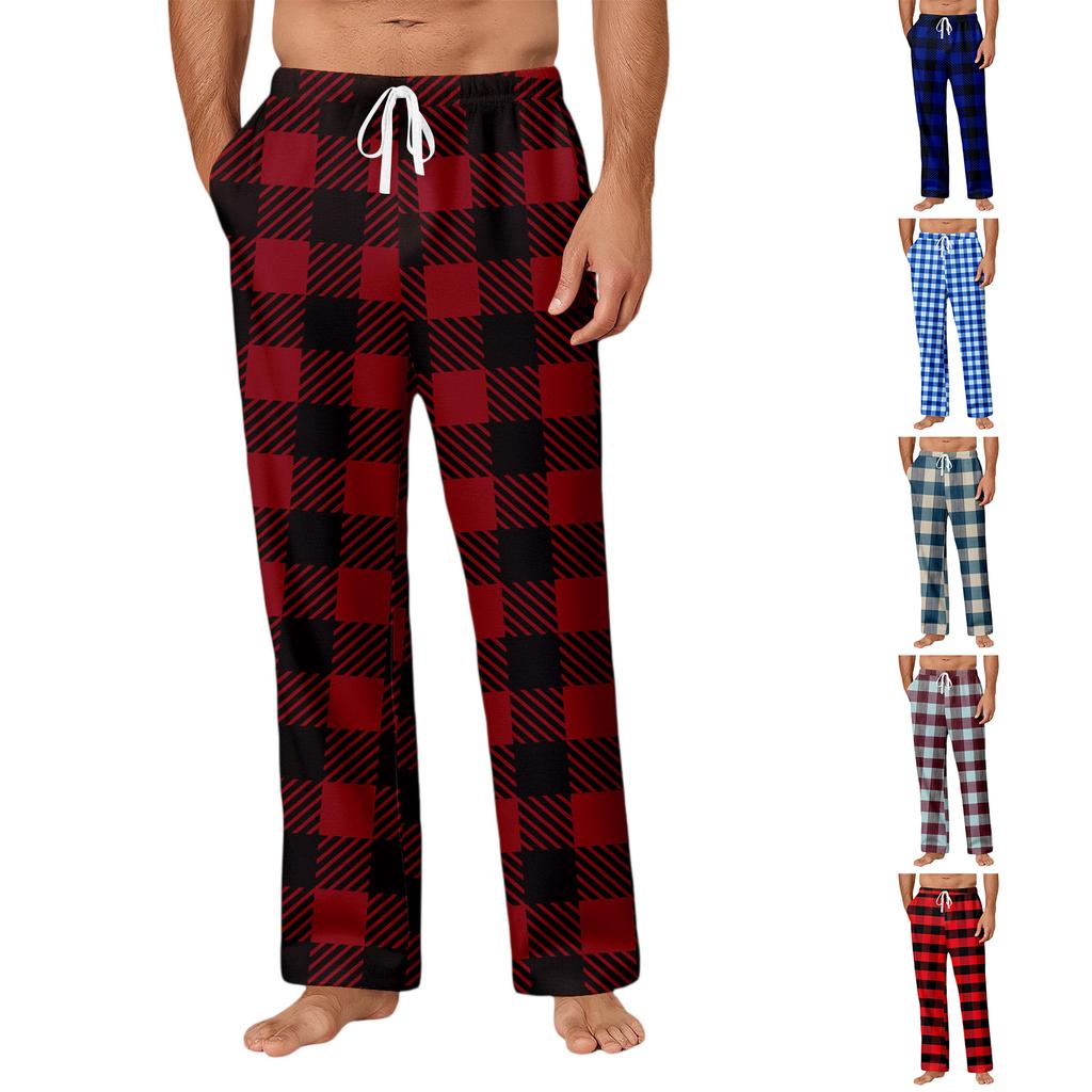 Men's Drawstring Pocket Casual Pants Plaid Stripe Print Pocket Casual Pants Home Pajama Pants