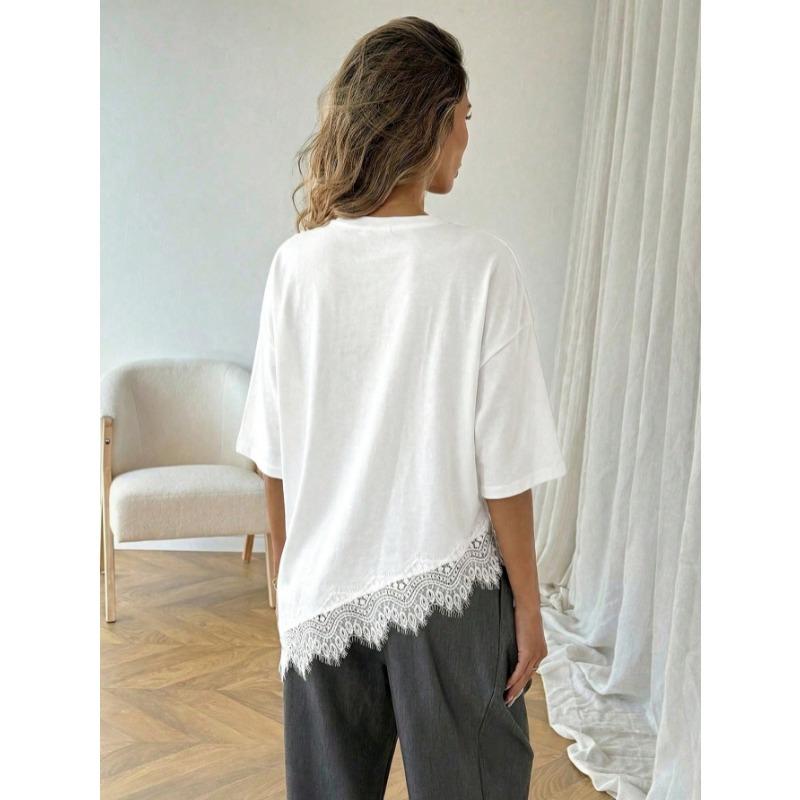 New Slanted Bottom Lace Splicing Short Sleeve T-shirt Sweet Irregular Top for Women Solid O Neck Loose Elegant Fashion Casual Office Blouse Basic Tees