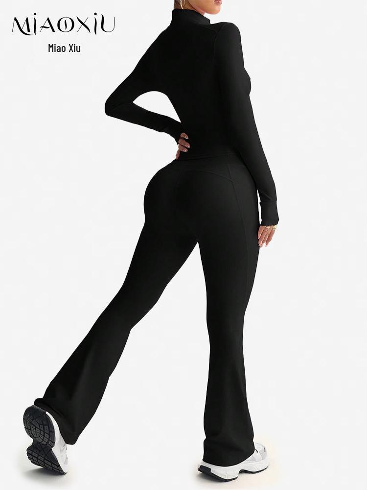 Waist-Cinching Yoga Set: Long-Sleeve Jacket & Butt-Lifting Micro-Flare Pants - Women's Sportswear for Autumn/Winter.