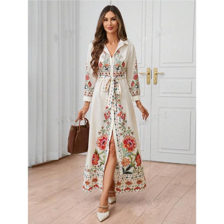 Damen Sommer Maxikleid mit Blumendruck Lässiges lockeres Langarm Hemdkleid mit Knopfleiste, Bindegürtel und Puffärmeln