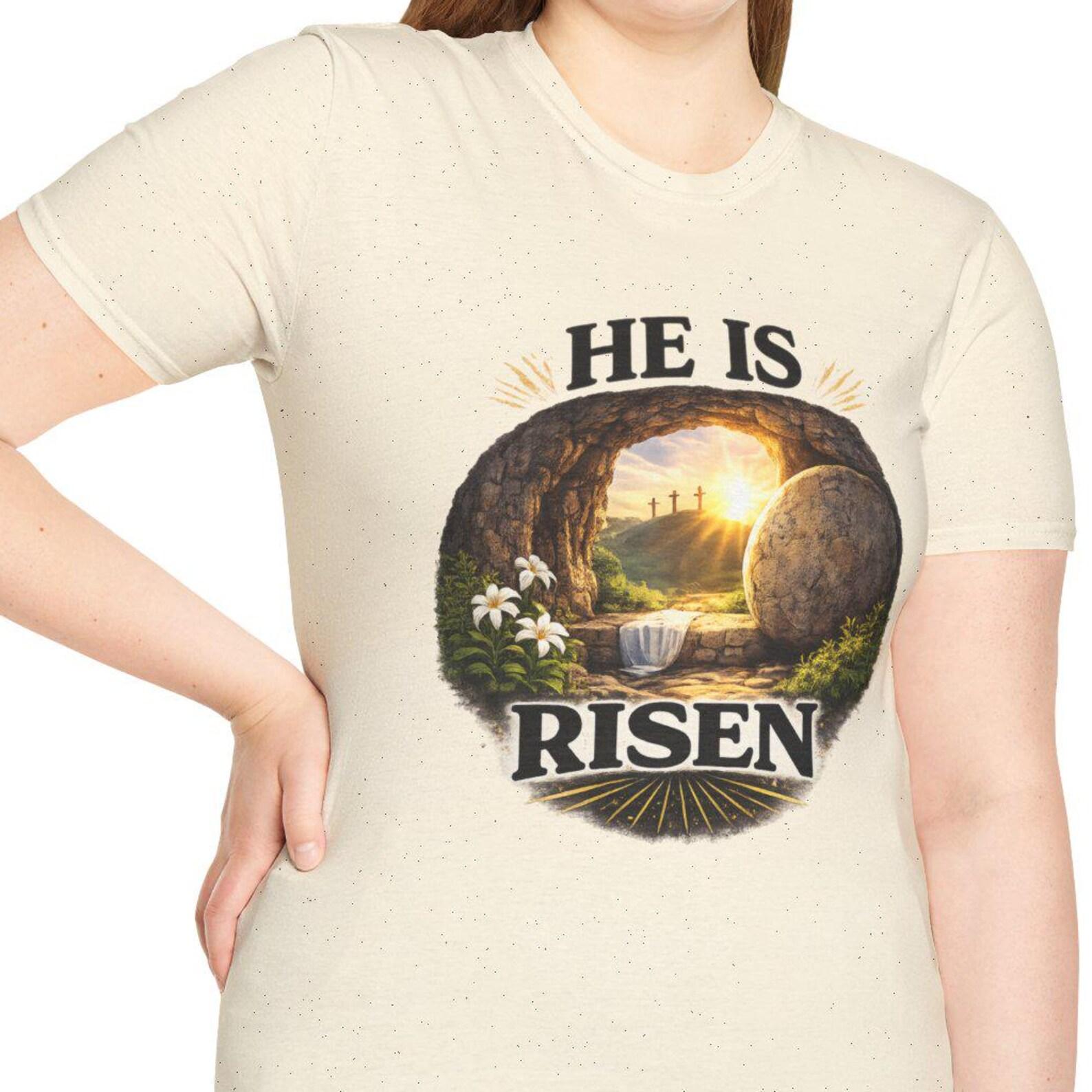 He Is Risen Easter tomb sunrise T-Shirt | Christian resurrection design L