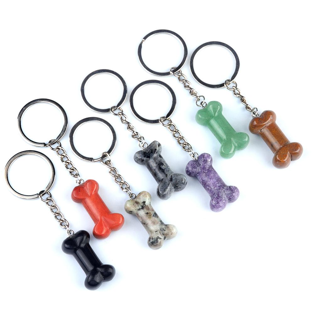 1Pc Reiki Healing Natural Stone Keychain Key Finder Bone Shape Crystal Gemstone Pendant Key Chain for Decor Phones, Bag, Halloween Gifts 20×34 Mm