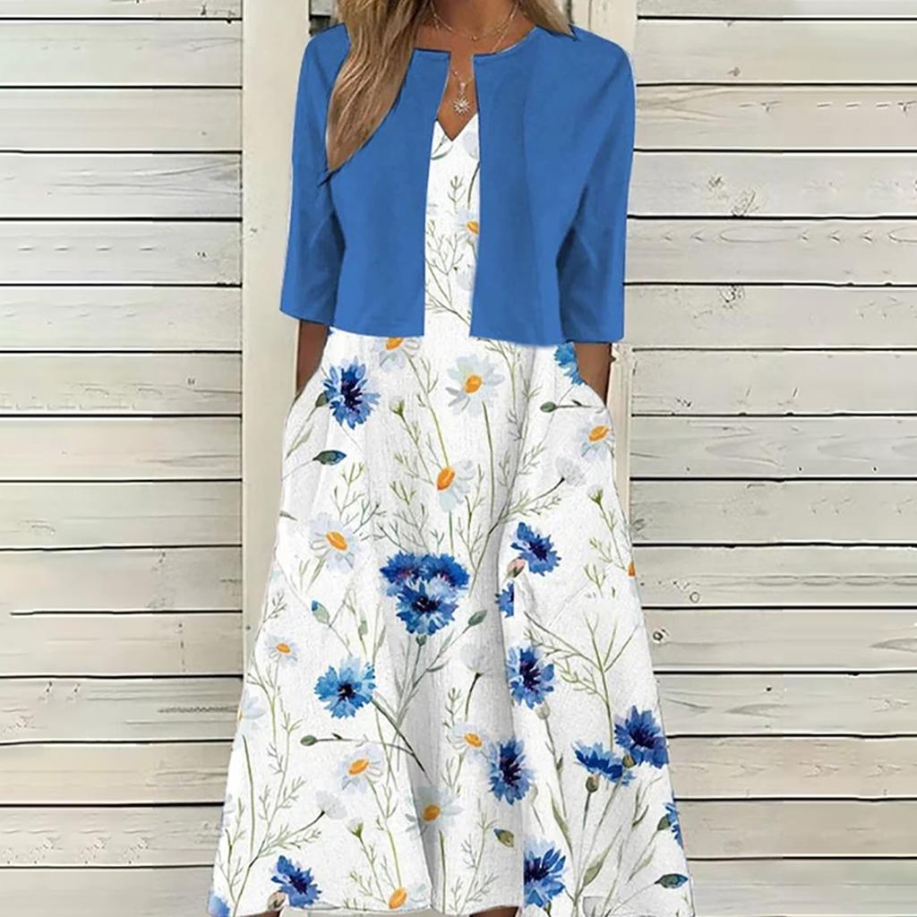 High Quality Women Summer Floral Print Two Piece Dress Set Short Sleeve Outfits