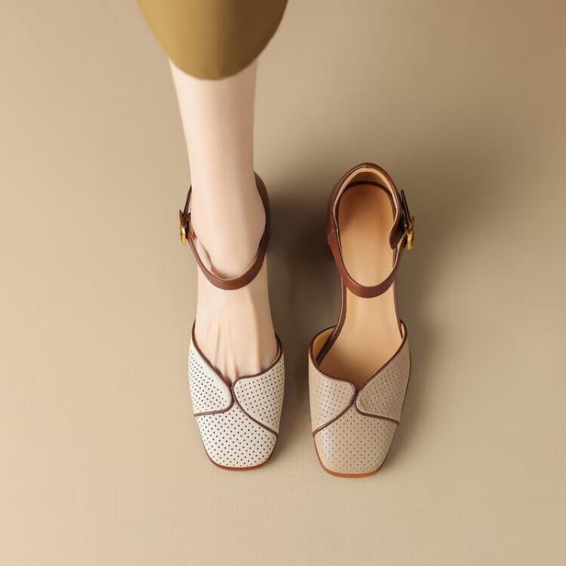 Fashion Spring New Baotou Sandals for Women Square Head Shallow Mouth Leather Air Hole with Soft Sole Non-slip Chunky Heels