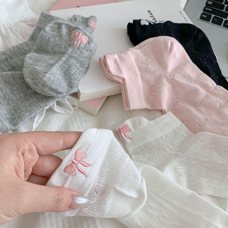 Women Short Socks Cute Embroidery Bowknot Casual Ankle Socks Spring Summer Breathable Female Tube Socks