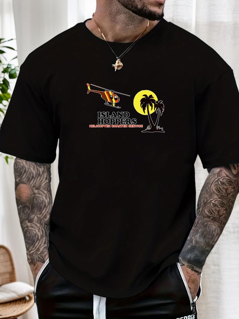 Mens Island Hoppers Helicopter Graphic Tee Summer Soft Oversized Daily Wear Top