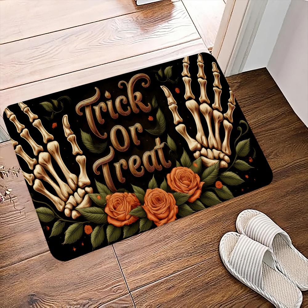 

Gothic Skeleton Rose Doormat Trick or Treat Rug, Black Gold Spooky Machine Washable Door Carpet for Halloween Home Decor 40x60cm