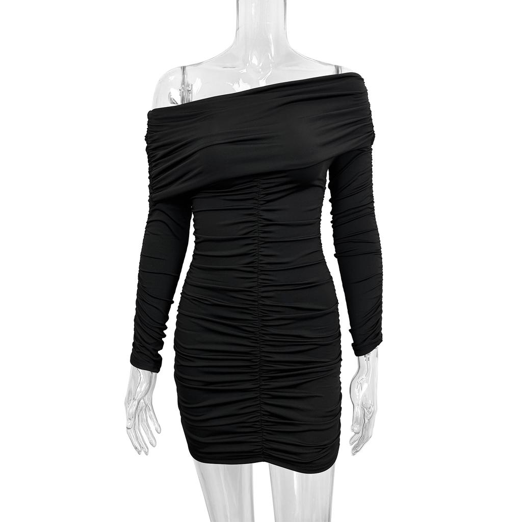 Autumn and winter new women's long-sleeved dress European and American sexy one-word neck tube top pleated hip wrap skirt