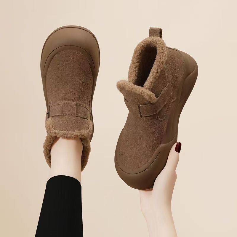 Women's Winter New Thick Sole Slip On Leather Ankle Snow Boots Thickened Plush Keep Warm Waterproof Loose Round Toe Cotton Shoes