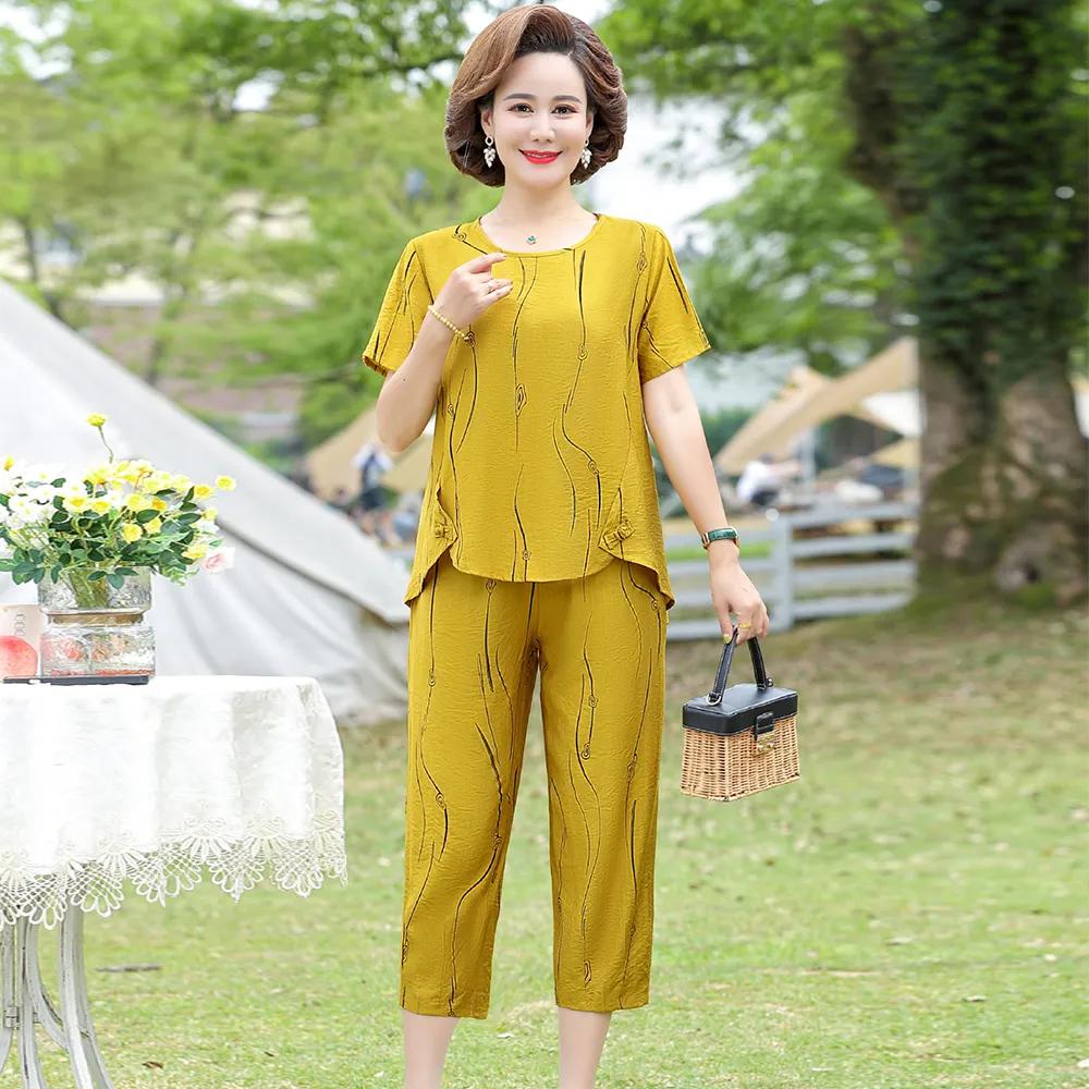 Damen Sommer Design Locker Große Größe Anzug Mittelalterliche und Ältere Bequeme Lässige Kurzarm Oberteil + Hose Zweiteiliges Set