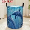 A Round Laundry Basket Featuring a Dolphin And Ocean Pattern, Designed with a Fresh Marine Style In 2D. It Is a Large-Capacity, Foldable Polyester Sto