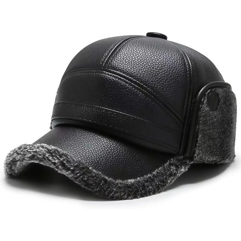 Winter Warm Hat Leather Baseball Cap for Men Windproof Soft Plush Visor Ear Protection Skiing Outdoor Sports Cold Weather