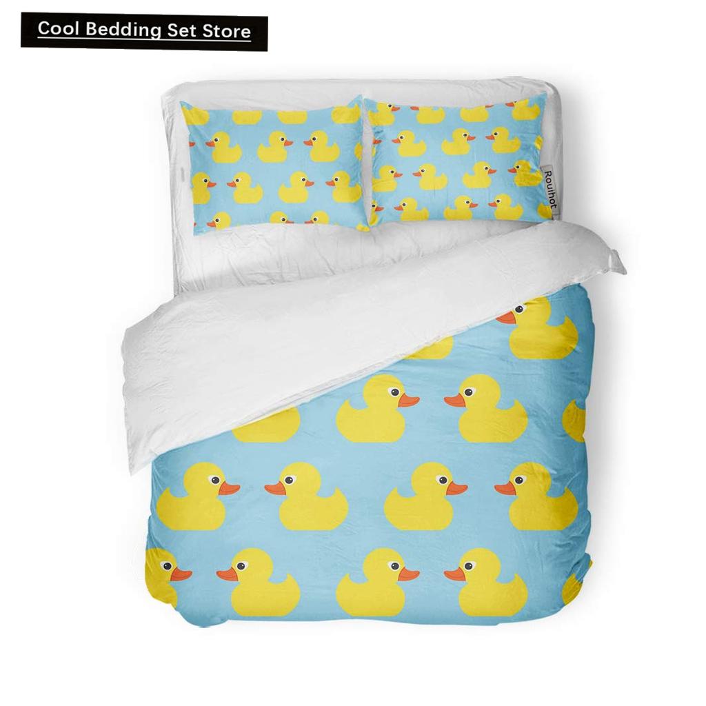Cartoon Yellow Duck King Queen Duvet Cover Farm Lovely Animal Bedding Set Blue Bubble Quilt Cover Soft Polyester Comforter Cover