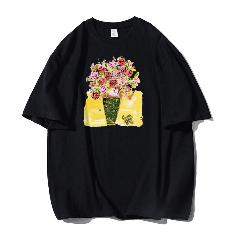 Shellsuning Tričko s potiskem krásných květin pro ženy Letní móda s výstřihem do O Umělecká trička nadměrné velikosti Dámská 100% bavlna Základní měkké topy Harajuku