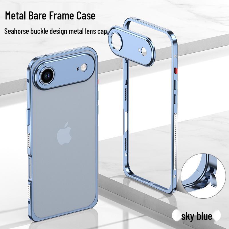 Capa de Metal Leve iPhone 17 Air com Lente e Fivela de Cavalo Marinho para 16 Pro - Moderna para Todos