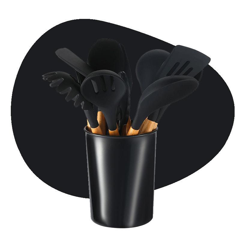 Cooking non-stick pan with storage bucket Silicone kitchen utensils set Silicone spatula spoon 12-piece set Wooden handle kitchen utensils set Cooking