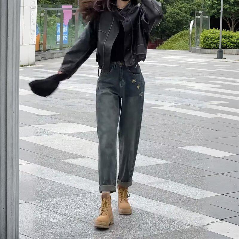 

2025 Autumn Plus Size Women s Retro Harem Jeans: Slimming Straight-Leg, Loose Fit Cropped Pants S синий